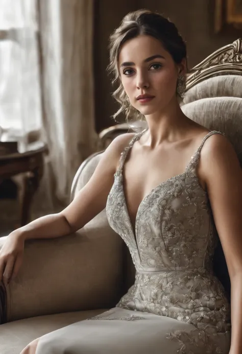 Realistic beautiful woman sitting on the sofa wearing a formal dress