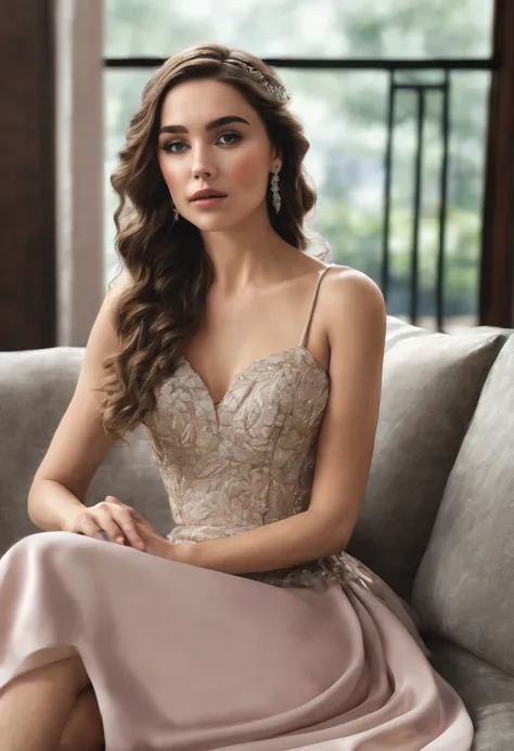 Realistic beautiful woman sitting on the sofa wearing a formal dress