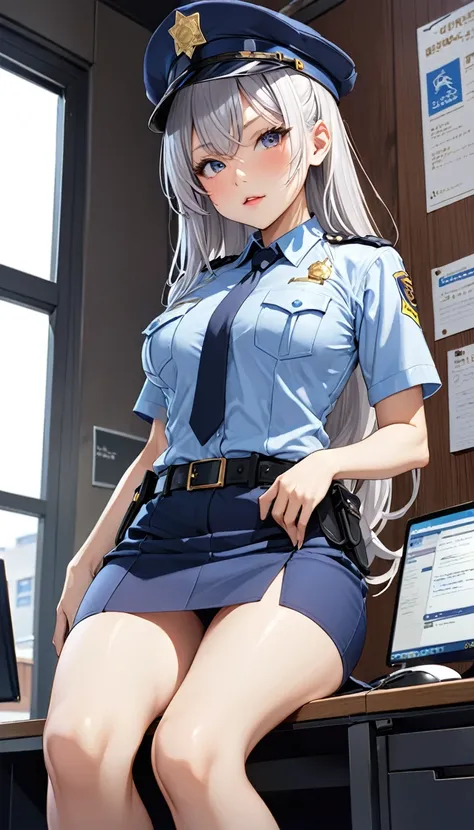 Highest quality、super high quality、16K, Delicious breasts、Facial expressions are random、Location: Police Station、 Hair color is silver hair、The pose is with the butt facing the viewer.、The distance is random、Angle from below、Small face、Very delicate facial...