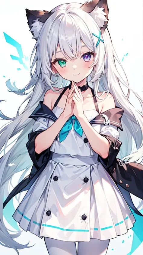 Sailor Suit，White pantyhose，White hair，Long hair，Cat ear，Heterochromia（Left blue right yellow），Smile，female face，There are bright spots in the eyes，Female hands，White little hands，Normal fingers，flat chest，White skirt，Bare shoulders