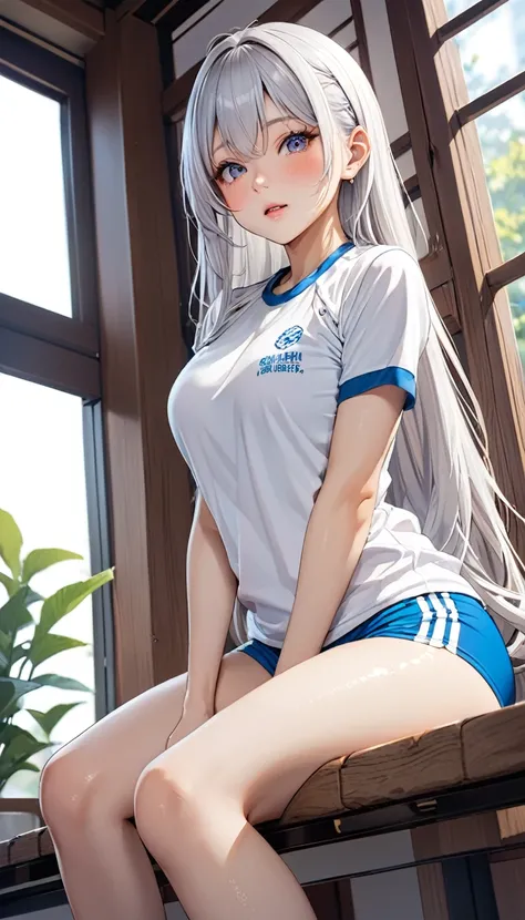 Highest quality、super high quality、16K, Delicious breasts、Facial expressions are random、Location is a school、 Hair color is silver hair、The pose is with the butt facing the viewer.、The distance is random、Angle from below、Small face、Very delicate facial exp...