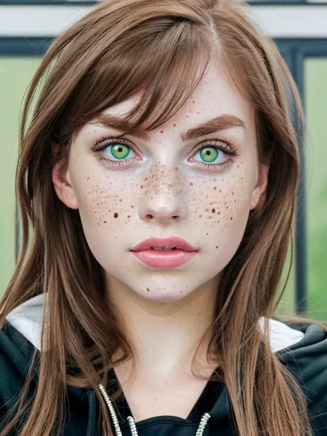 Girl with green eyes and brown hair has medium breasts has freckles and wearing a black hoodie, gloss