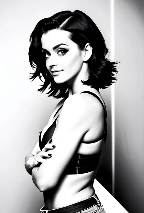 Katy Perry is shown in a minimalist black and white photograph, posing in profile,sport bra, wearing jeans. Her head is tilted back, (arms crossed over her chest:1.2), tomboy style , awide, joyful smile.background white, (hairy-armpit:1.3)