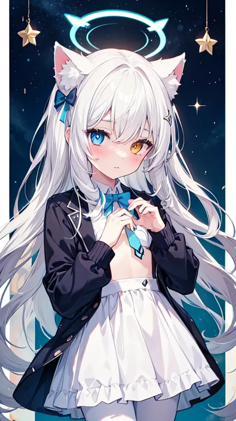 angel翅膀，angel，blue halo，white pantyhose，white hair，long hair，cat ear，heterochromia（left blue right yellow），female face，there are...