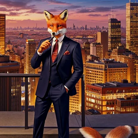 Illustration for a book "life of animals in the metropolis". Use a city image as a background, in the foreground depict a fox in a suit and holding a cigar in his hands, his gaze is directed into the distance. The color palette is bright and rich.