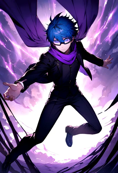 a young blue haired boy with virtual glasses and purple eyes who wears a black jacket with a purple scarf and black pants who has the power of infinity