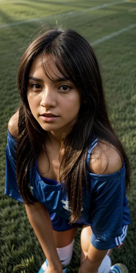 Melanie Rios, straight hair, thin body, expressive eyes, above view, looking to the viewer, above camera, close camera, playing soccer, short clothes, tight clothes, sport clothes, dark blue clothes, sun light, soccer field, running, sexy, teasing, standin...