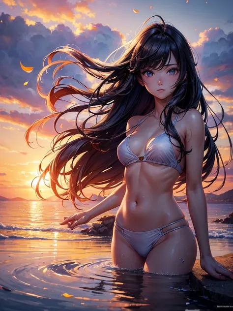 ((masterpiece, best quality:1.3)), High Definition, 8k wallpaper, Fantastic landscape, galaxy, [1girl:1.2], Straight Hair, Hair blowing in the wind, The gesture of brushing back hair, Gazing into the distance, Bikini Armor, (No Clothes), Petals fluttering,...