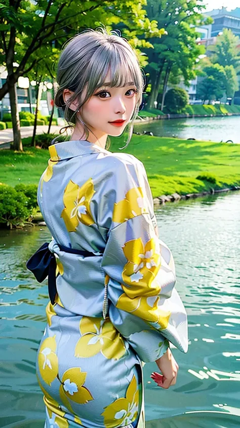 Young woman in yukata、Shoulder-length silver hair、Yellow and green floral yukata、Riverside landscape in the background。