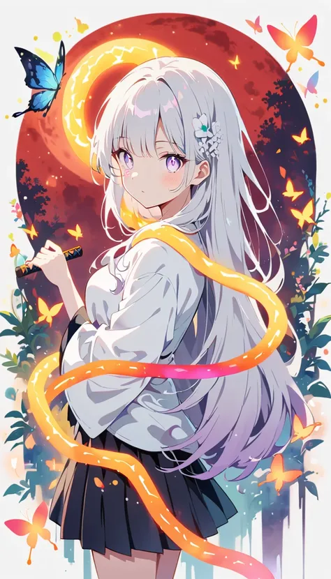 Blurred outline of existence, bright white eyes, ,Blurred outline of existence, Fully white glowing eyes,，White flowers on eyes，Fire  butterflys，Anime style，1 girl，Silver long hair，(((White spots on eyes：1.37)))，Black pleated skirt，Samurai sword in hand，El...