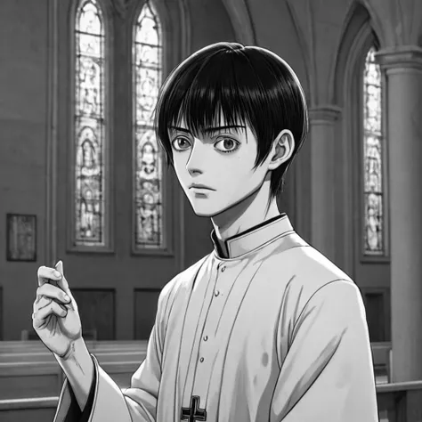 priest in a church (anime), bizarre scenario, This is Junji, Yusuke Murata, black and white, 8K, anime, horror