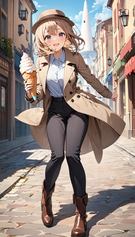 BREAK Perfect Anatomy、(High resolution:1.2)、Incredible illustrations、(Cute illustrations:1.2)、(dynamic angle,) 
（Beautiful background（）)
1girl(Fedoras, trench coats, vests, slacks, riding boots,1girl((a girl,slender 1.7meters, 50kg,eat soft serve ice cream...