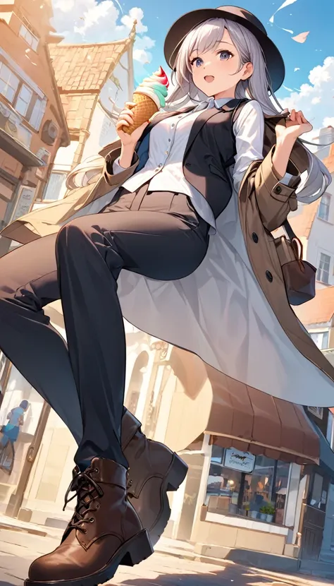 BREAK Perfect Anatomy、(High resolution:1.2)、Incredible illustrations、(Cute illustrations:1.2)、(dynamic angle,) 
（Beautiful background（）)
1girl(Fedoras, trench coats, vests, slacks, riding boots,1girl((a girl,slender 1.7meters, 50kg,eat soft serve ice cream...