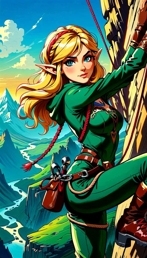 (best quality，8k，ultra-high resolution，masterpiece)，very good，illustration，princess zelda，blonde，blue eyes，green clothes，rock cl...