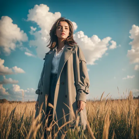 A woman standing in a field of tall, dry grass, blue sky and clouds in the background, wearing a trench coat and holding stalks of grass, aesthetically composed, contrast between natural setting and stylish clothing, detailed portrait, beautiful eyes and l...