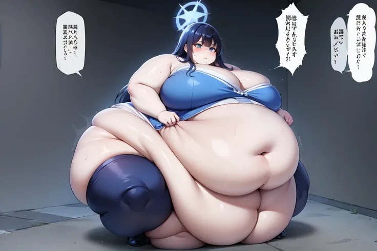 saori joumae, blue eyes, blue hair, halo, long hair, massive breasts, wide hips, massive hips, fat bare arms, wet, sweaty, tired, fat face, fat neck, double chin