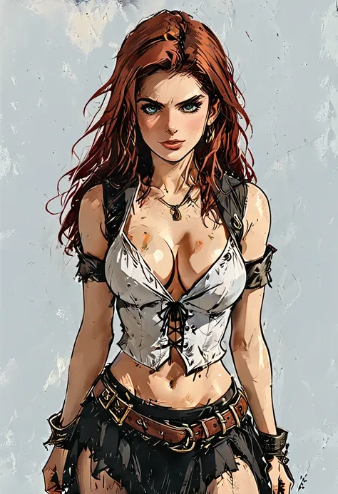 A beautiful sexy woman with long, shiny red hair, a tender face, a warm, friendly look, a fit figure, big breasts, naked, nipple, puff arms, skirt straps, Leader im Fantasy-Style, Sleeveless, bares her waist, a bracelet adorns her wrist, leans back erotica...