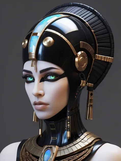 ral-opal, meahophontron, whole body, Woman robot face, futuristic cyberpunk, bust, cleopatra of egypt theme, Egypt background, demonic environment, black clothes, pose frontal