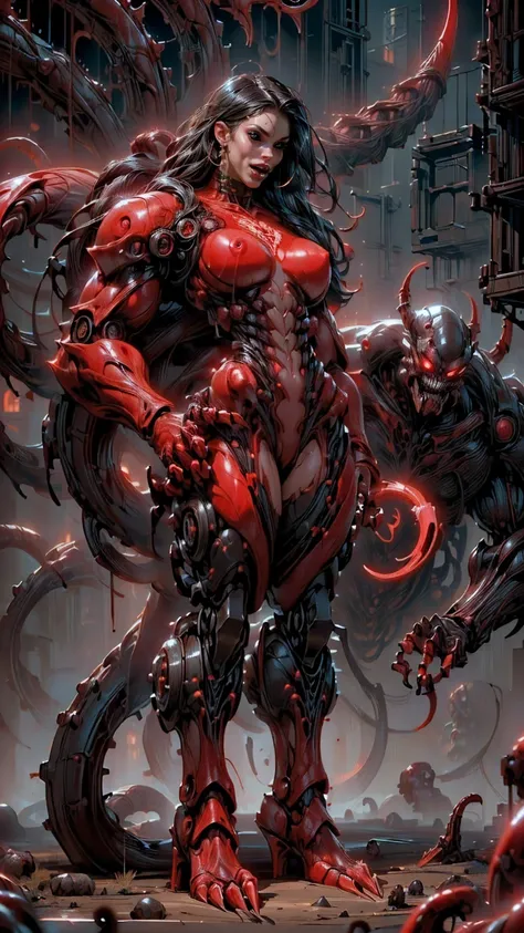 (((beautiful girl face))), (((megan fox as a beautiful vampiric girl with a muscular red carnage body))), (((red carnage anatomic muscular bio-mecha muscle suit))), (((body totally covered in muscles, veins, tendons))), (((perfect muscular anatomy))), (((w...