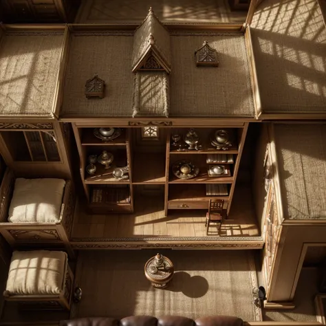 a highly detailed miniature interior dollhouse seen from above, intricate interior design, ornate furniture, realistic textures, warm lighting, photorealistic, 8k, masterpiece, soft focus, cinematic, oriental aesthetic, muted color palette, ambient occlusi...