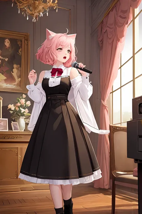 score_9,score_8_up,score_7_up,masterpiece, top quality, best quality, official art, beautiful and aesthetic, animation, , 1girl with cat ear, perfect figure, pink hair, complicated details, music room, standing in front of the microphone, wearing a beautif...