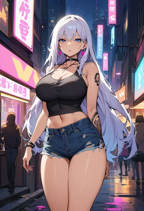 Cyberpunk City, Street, Night, neon light, neon sign, masterpiece, best quality, highres, JK,huge tit,1 girl, white long hair, blue eyes, with strong black makeup around her eyes, thick eyebrows, wearing earrings, pink lips, she has a tattoo on her right a...