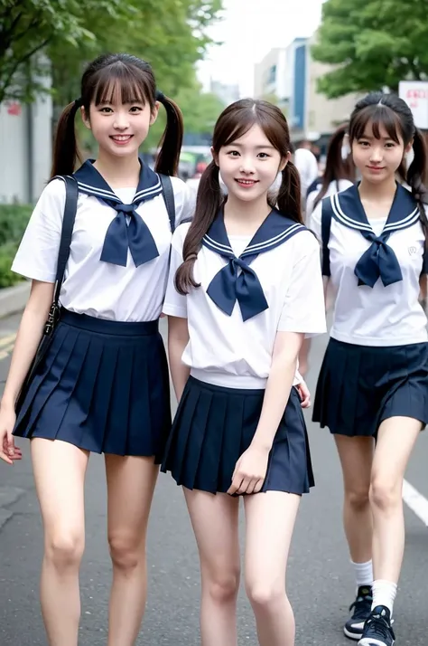 {2 | 3 | 4} girls walking in school street,sailor shirt,navy blue pleated skirt,school bag,18-year-old,bangs,a little smile,thighs,knees,short hair with low pigtails bunches,from below,front light