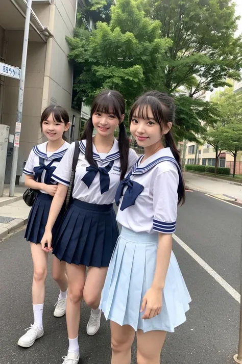 {2 | 3 | 4} girls walking in school street,sailor shirt,navy blue pleated skirt,school bag,18-year-old,bangs,a little smile,thighs,knees,short hair with low pigtails bunches,from below,front light