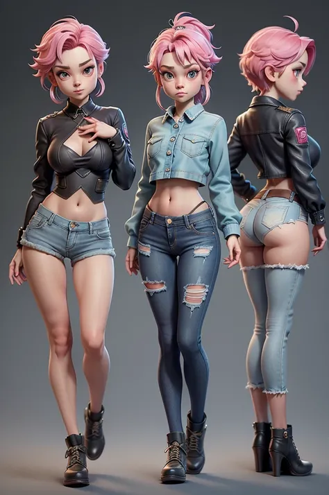 Mini Sakura, (sakura),  solo, ray tracing, 3D style, 3DMM, ((3 poses per photo)), ((3 poses in each photo)), fully body,(Front view),(back vision), (view on the left),waist shorts, show flat belly, (((3 poses per photo))),(very big tits), perfect tummy, pe...