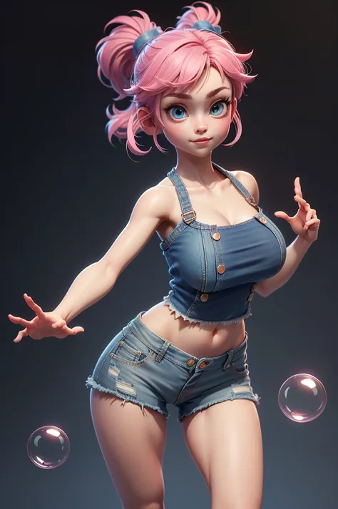 Mini Sakura, (sakura),  solo, ray tracing, 3D style, 3DMM, ((3 poses per photo)), ((3 poses in each photo)), fully body,(Front view),(back vision), (view on the left),waist shorts, show flat belly, (((3 poses per photo))),(very big tits), perfect tummy, pe...