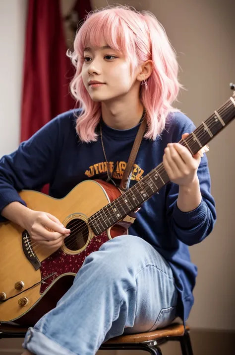 A young 18 year old man, playing guitar, pink  hair