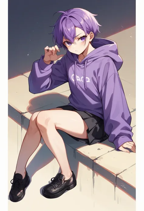 Keito。Purple hoodie。Black Skirt。Purple Eyes。Purple Hair。Black shoes下。Black shoes。