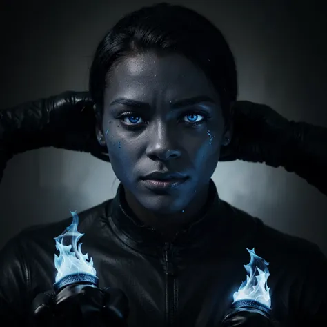  1 creature consisting of black material, human physique, with blue flames instead of hair, with one eye on the whole face, with gloves that have blue claws