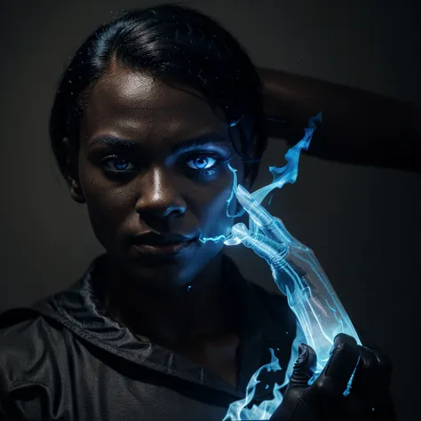  1 creature consisting of black material, human physique, with blue flames instead of hair, with one eye on the whole face, with gloves that have blue claws