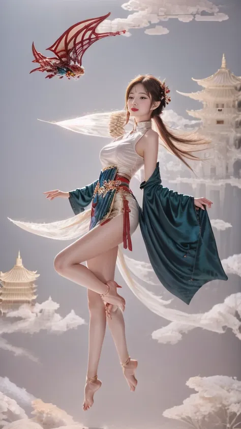 1 girl,，pagoda，cloud，wet，，Mature，Plum Botham，Big breasts and thin waist，Dragon Method， Solitary，Open your legs，（The eyes are beautifully and meticulously depicted），（Extremely detailed，masterpiece，）Facing the camera，high resolution，Extremely detailed），Smile...