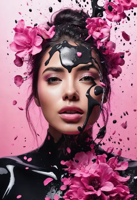 Photorealistic image of a woman mid shot, abstract background, black and pink gradient,  made of flowers, paint spilling , ultra clear