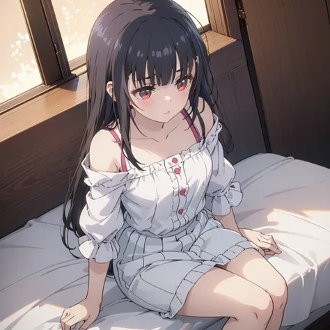 ((masterpiece)), ((best quality)), (ultra-detailed), anime style, cute , 1girl in, solo, 8k, sitting on the bed, young girl , fl...