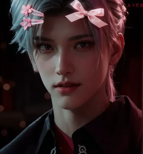 Handsome boy, white hair, red eyes, pink hairpin and pink ribbon on his hair, wearing black clothe