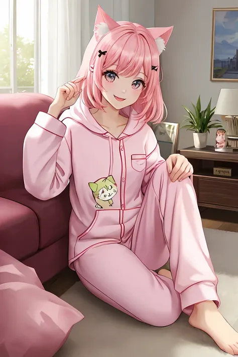 score_9,score_8_up,score_7_up,masterpiece, top quality, best quality, official art, beautiful and aesthetic, animation, , 1girl with cat ear, perfect figure, pink hair, complicated details, living room, wearing cute hooded pajamas, wearing small fish hairp...