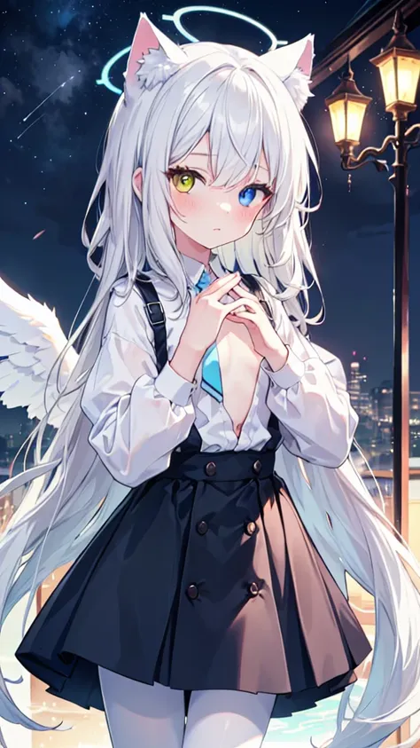 Angel Wings，Blue Halo，White pantyhose，White long hair，Flowing long hair，Cat ear，Heterochromia（Left blue right yellow），female face，There are bright spots in the eyes，Female hands，White little hands，Normal fingers，flat chest，On an island in the sky，night