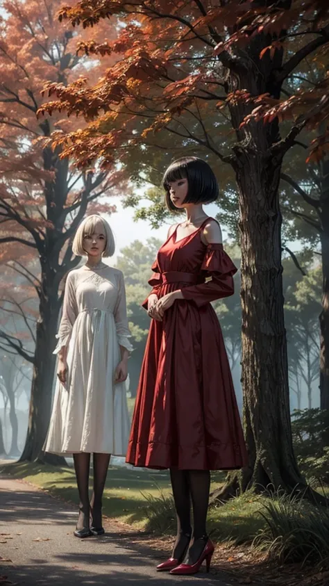 A ghostly  with a bob haircut, wearing a red dress, standing in a foggy park. Her face is not visible.
