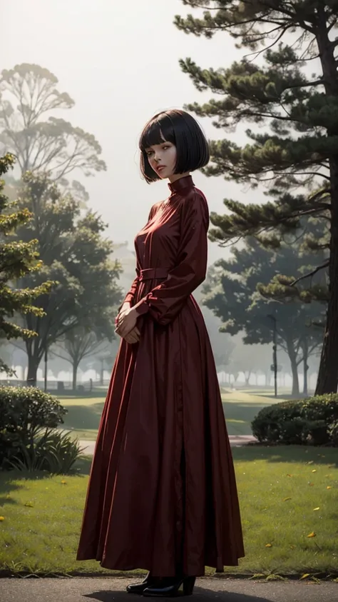 A ghostly  with a bob haircut, wearing a red dress, standing in a foggy park. Her face is not visible.
