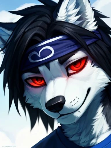 ((Sasuke: a blue and white furry wolf with red eyes,black hair and a ninja headband wearing blue shirt and white shorts emo looking acting cool and edgy with black hair glowing red eyes looking cool and handsome young good looking anthropomorphic ,))), loo...