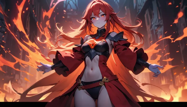  (lina), masterpiece, Best quality, 1 girl,Lina from dota 2, Female, only, aboutдин раз, navel, pyromancer dress, magic dress, Looking at the viewer, Medium hair, Layer, old, kana,  cable, old medianos, belt, if, Red eyes, gray skin, orange eyes, upper bod...