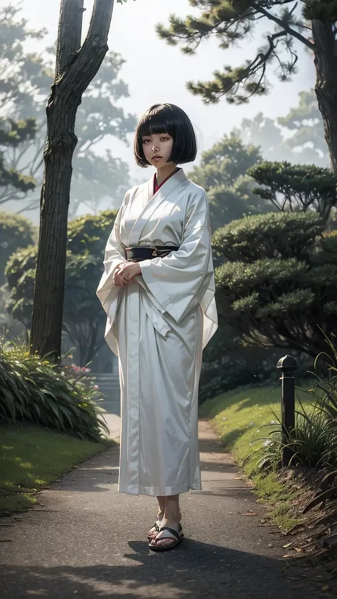 A ghostly  with a bob haircut, wearing a white kimono, standing in a foggy park. Her face is not visible.
