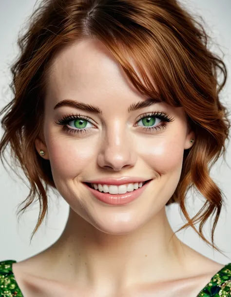 emma stone, green eyes, nice smile, intricate, highly detailed, hyper realistic, uhd, photo, sharp focus, post processing, digital printed fabric, aesthetic on beauty of female, fashion trendy, dslr