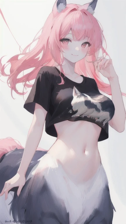 (best quality, masterpiece), 1 girl, centaur, It takes, White skin, Korean ,black pink,Smiling, exposing the abdomen, belly button t-shirt , 아름다운 소녀 perfect wild wolf photo, perfect wild wolf photo