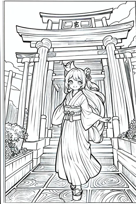 As a coloring book, the color should be black and white, the border should be simple, clear, and bold. A cheerful Asian girl with bright eyes and a mischievous smile is playfully posing in front of the iconic [Fushimi Inari-taisha Shrine] in Kyoto, Japan. ...