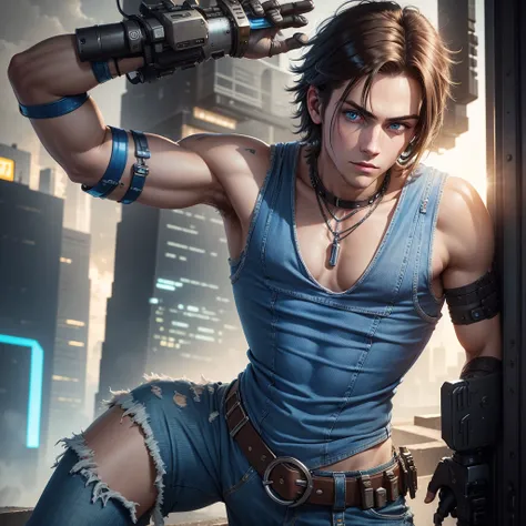 white tank top, denim vest, blue jeans, emo hair, bionic arm, Cyberpunk, Brown hair, blue eyes, futuristic city, Very detailed, high resolution, Best Quality, 18 year old man