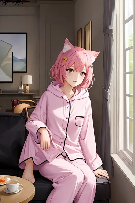 score_9,score_8_up,score_7_up,masterpiece, top quality, best quality, official art, beautiful and aesthetic, animation, , 1girl with cat ear, perfect figure, pink hair, complicated details, living room, wearing cute hooded pajamas, wearing small fish hairp...